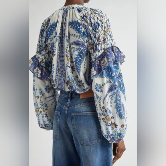 FARM Rio Blue and White Floral Womens Ana Tapestry Ruffle Blouse Size L - Picture 7 of 16